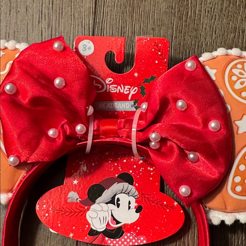Disney Minnie Mouse Ears Headband Gingerbread Pattern, Red Bow w/ Pearls - Picture 2 of 5